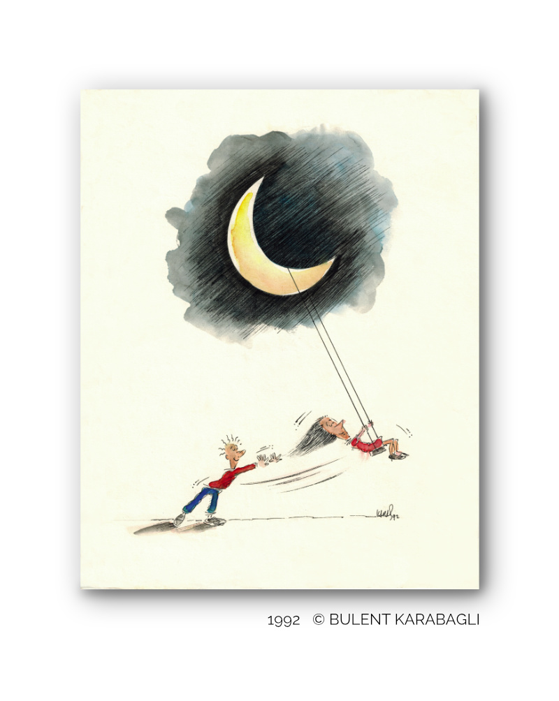 Swing on the Moon | Cartoons and Illustrations by Bulent Karabagli | Minimalist Paintings